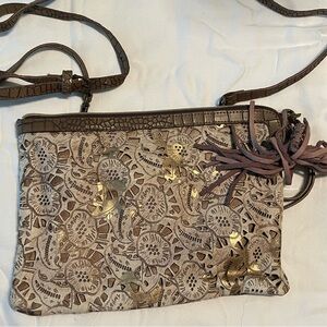 Brown and Gold Crossbody Bag/Wristlet with Paisley Pattern and Leather Trim